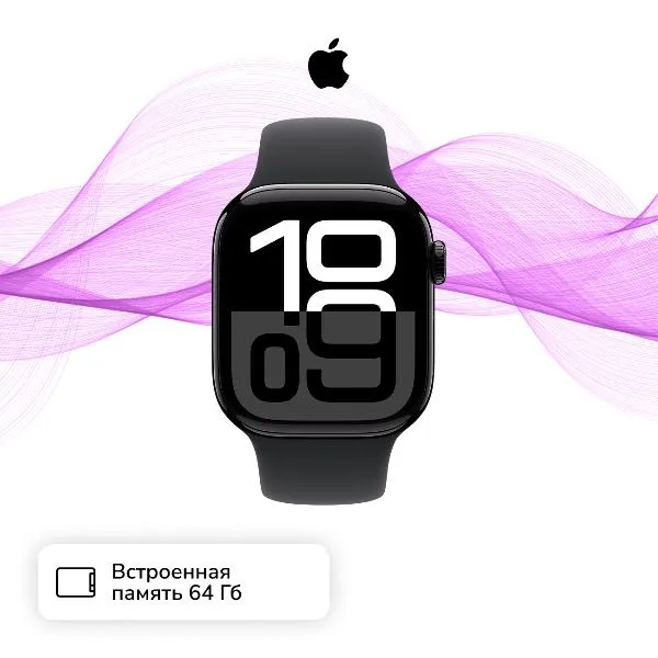 Смарт-часы Apple Watch Series 10 42mm Jet Black Aluminum Case with Black Sport Band, размер M/L