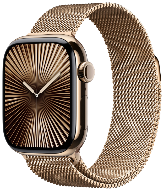 Apple Watch Series 10, 42 мм, корпус из титана цвета «титановый золотой», «миланская петля» золотого цвета