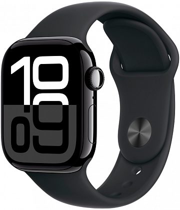 Apple Watch Series 10, 42 мм, алюминий цвета «черный глянец», спортивный ремешок цвета "Black", M/L (MWWF3)