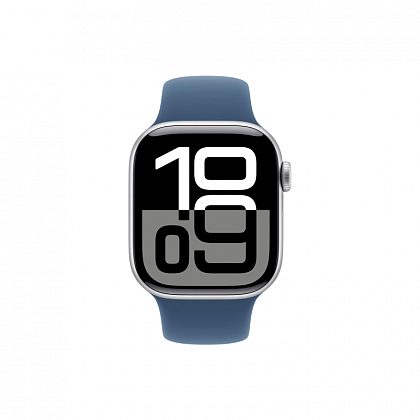 Apple Watch Series 10, 42 мм, корпус из алюминия цвета серебристый, спортивный ремешок цвета «синий деним» S/M