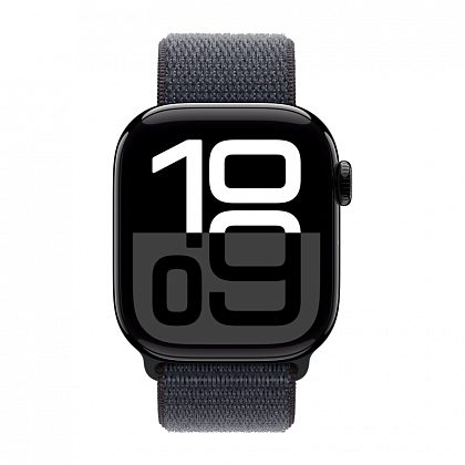 Apple Watch Series 10, 46 мм, корпус из алюминия цвета «черный глянец», спортивный браслет темно-синего цвета